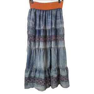 Vintage Western Denim Tiered Maxi Skirt with Embroidery Elastic Waist‎ M